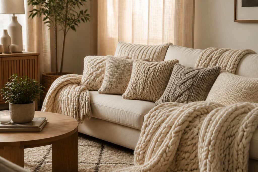 Plaids, coussins, rideaux : créer une déco cocooning en maille