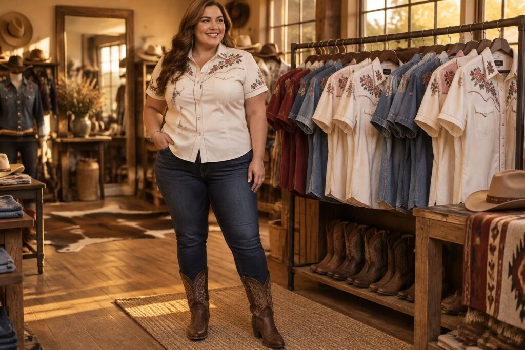 découvrez où trouver une chemise country pour femme : modèles brodés, à manches courtes et disponibles en grandes tailles pour tous les styles.